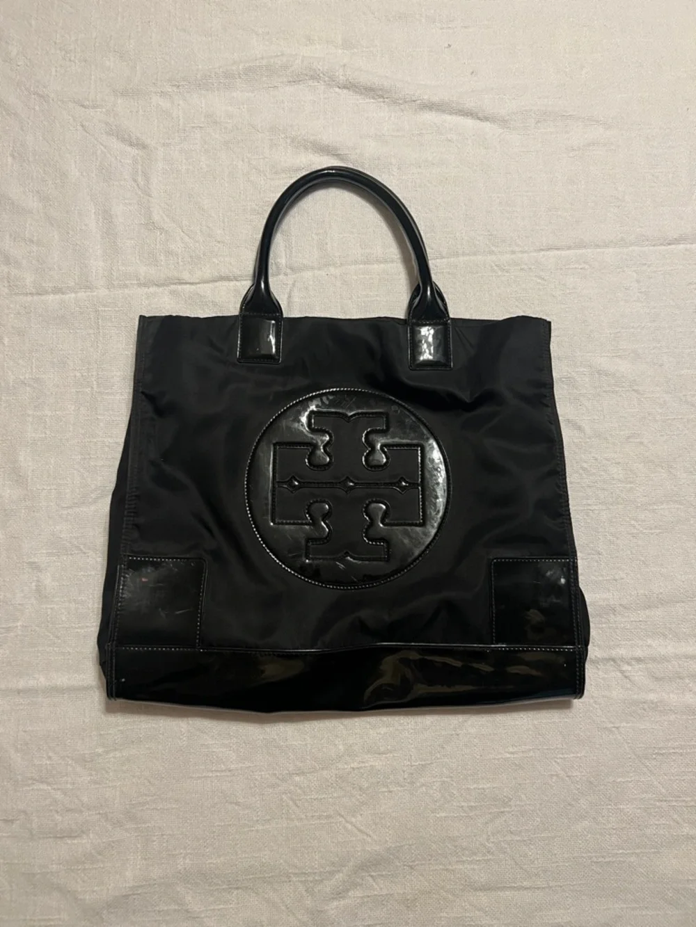Tory Burch Ella Patent Black Nylon Tote with Glossy Logo Accent